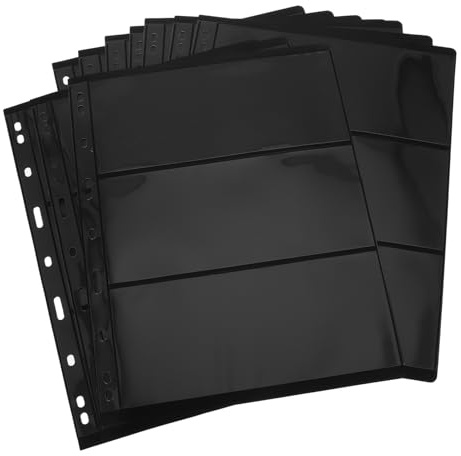 GRIRIW Briefmarken Loseblatt 10 Pet aus Doppelseitige Einlegeblätter Schwarz 3 Reihen 9-Loch geeignet für Briefmarkensammler | 3 Reihen, 9-loch Standardseiten, Pet in Schwarz, Geeignet für Sammelalben