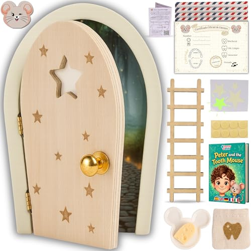 HOMYKIDS® Porta Magica del Topolino dei Denti con Sfondo – Si Illumina al Buio – Porta + Certificati dei Dentini + Piattino con Formaggio + Scaletta + Sacchetto + Adesivi Fluorescenti + E-BOOK