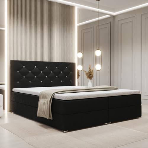 FurniDe24 Boxspringbett Fano, 2 Bettkästen, Schwarz, Plüsch, 180x200cm | Polsterbett mit Taschenfederkernmatratze H3, 3 cm hohem Topper, gepolstertem Kopfteil mit Zierknöpfen und verstärktem Rahmen