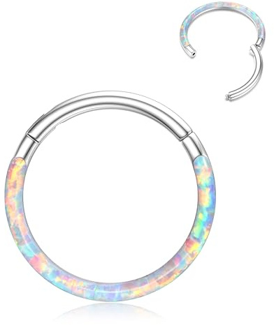 BodyBonita Hinged Opal Nose Ring - 18G 316L Surgical Steel Septum Rings Hoop for Women Conch Piercing Jewellery Helix Daith Cartilage Earring White Opal 8 mm Silver