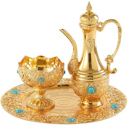 Fenteer Vintage Turkish Coffee Pot Set Metal Wine Glass Jug Luxury Craft Water Serving Set for Home Tea Party Bar Living Room Wedding