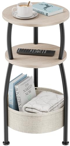 Yuede Beistelltisch rund, 3-Stufiger Runder Kleiner Tisch, Couchtisch Klein, Nachttisch, mit Stofftasche, Wohnzimmertisch, Korb aus Stoff, 30 x 61 cm, Sofatisch für Room, Metall (Eichenfarbe)