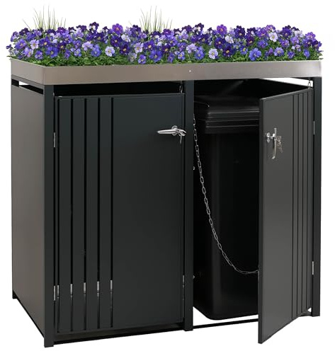 Mendler 2er-Mülltonnenverkleidung HWC-O67 - anthrazit | Mülltonnenbox, mit Pflanzkasten, Metall, 125x132x84cm, 55kg