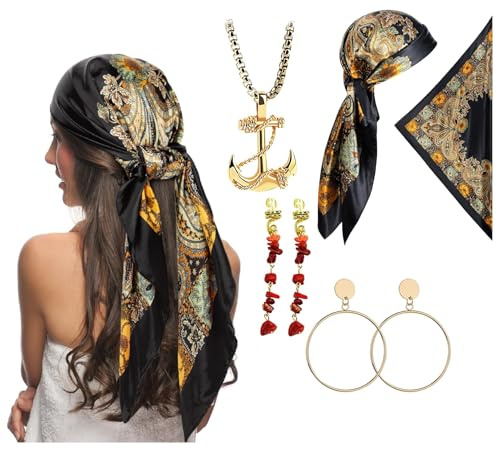 NebulaGlam 4 Stück Piratenkostüm Damen Accessoires, Piraten Accessoires Set, Piraten Kopftuch, Piraten-Halskette, Haarschmuck, Ohrringe, Hallowee Karneval Fasching Kostüm
