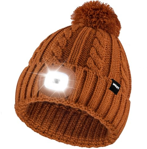 Wmcaps Mütze mit LED Licht Damen, Wiederaufladbare Type-C Strickmütze | Abnehmbare LED-Leuchte, Bommelmütze mit 4 LED-Lichtern, für Gassi-Runden, Weihnachtsgeschenke für die Ehefrau