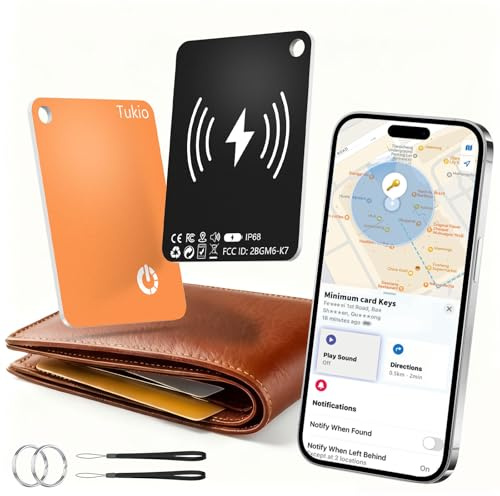 Tukio Smart Air Tracker Card 2 Pack (Black & Orange) Works with Apple Find My, Rechargeable Wallet Tracker Wireless Charging, Ultra Thin IP68 Waterproof Bluetooth Tag Locator for Luggage & Passport