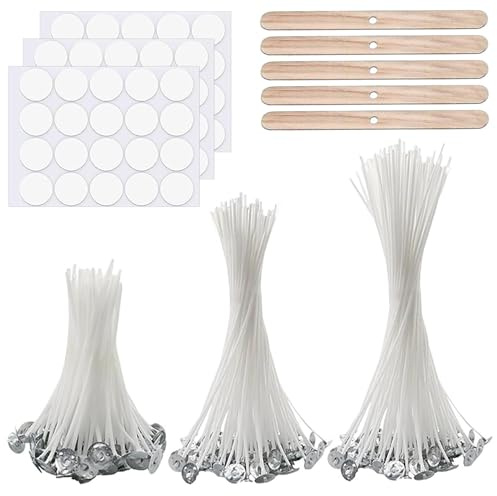 Candle Wicks for Making Candles, 150 Pcs 10cm/15cm/20cm Cotton Pre Waxed Candle-Wicks with 5Pcs Candle Wick Holders & 60 pcs Dot Stickers, for Candle-Making Candles DIY