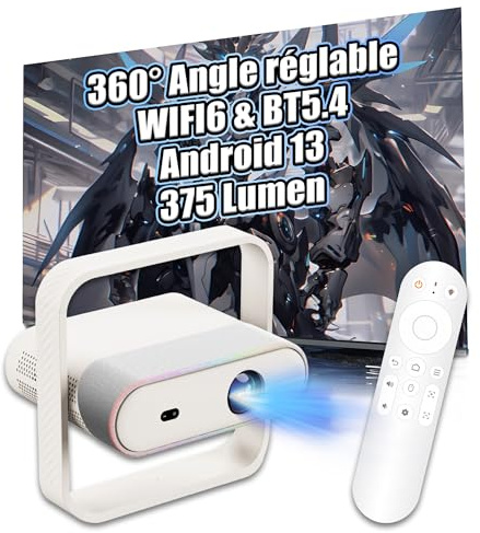 NSL03 Projecteur Vidéo Intelligent avec Enceinte Bluetooth et Wi-Fi, Puce 950S, 375 Lumens, 1080P, Android 13.0, Projecteur Sans Fil pour Chambre, Home Cinéma, Extérieur, Angle Réglable à 360° (Blanc)