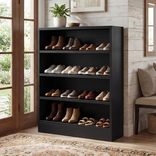 Homieasy Shoe Cabinet, 5-Tier Modern Wood Shoe Storage Organizer with 3 Adjustable Shelves for Entryway, Multi-Purpose Display Shelf & Storage Cabinet for Living Room, Bedroom, Black