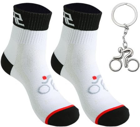 1 Paio Calzini Ciclismo da Uomo, Regalo per Bicicletta per uomo e donna, Calzini da Ciclismo Bianchi 41-48 e Portachiavi Bici in Lega - Accessori Bicicletta Compleanno Natale Uomo Donna