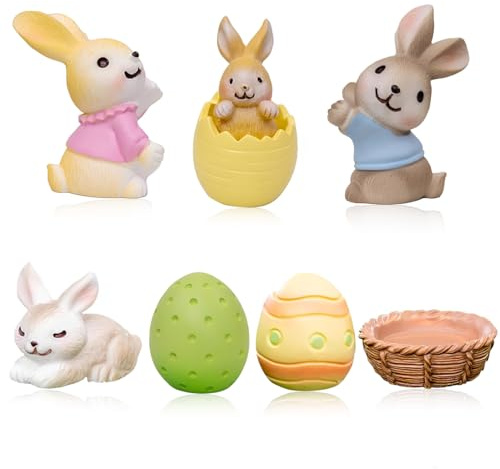 Reccisokz Set de 7 Miniaturas de Pascua para Micro Paisajes, Figuras de Conejitos y Decoración en Resina, Accesorios para Jardín de Hadas, Bonsáis y Topper de Tartas, Adornos Temáticos DIY