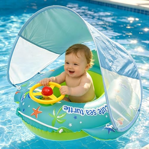 Nzkeuf Salvagente Neonato con Parasole SPF 50+, Ciambella Neonato Mare con Volante, Nuoto a Forma Aiuto per Bambini da 1 a 4 Anni