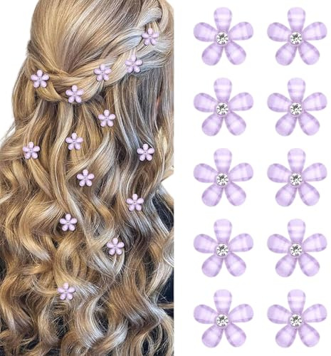 Mezrkuwr 10 piezas de mini pinzas de pelo lilas claras con strass, adorables horquillas de flores, pinzas decorativas, accesorios para peinado de bodas