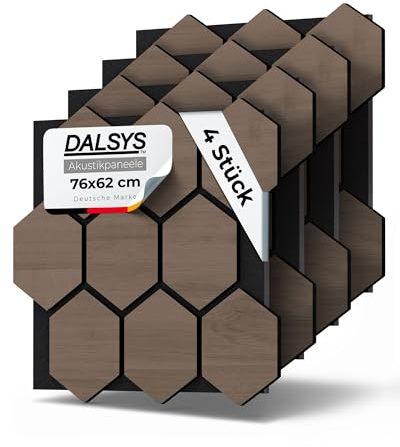 Dalsys 4x Akustikpaneele mit Hexagon-Muster 76 x 62cm Walnuss Holz | Wandpaneele Holz für Schallschutz in Büro- & Wohnräumen - Akustik Paneele Wand - 3D Wandverkleidung innen - Holzpaneele Wand