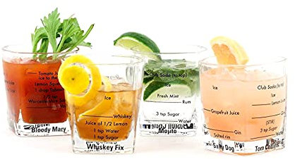 Garden Mile Juego de 4 vasos de cóctel y recetas de cóctel, juego de regalo de vasos para fiesta, ginebra, vodka, whisky, ron, 4 x 250 ml, perfecto para cóctel, noche, apto para lavavajillas, clásico