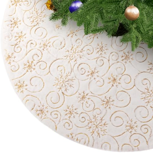 KONVINIT Weihnachtsbaumdecke Weiß Plüsch Christmasbaumdecke Kunstfell Weihnachtsbaumteppich Rund Weihnachtsbaum Rock Weihnachtsdeko mit Gold Pailletten Schneeflocke,78cm/90cm/122cm