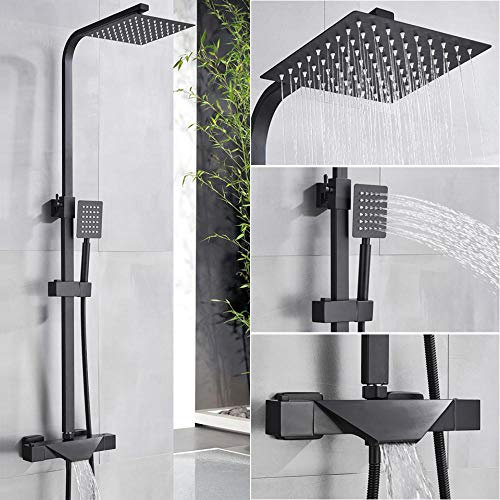 Huin Schwarzer Duschhahn Thermostatisches Badezimmer Duschmischer Wasserhahn Niederschlag 8Duschset Thermostat Bad Dusche