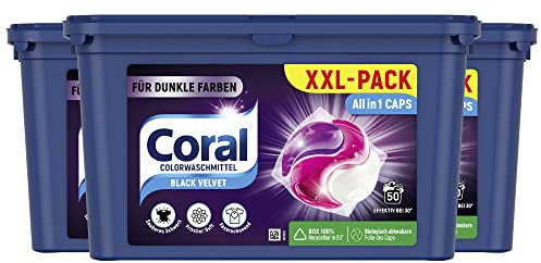 Coral Waschmittel Caps Black Velvet Allin1 Colorwaschmittel für dunkle Wäsche 3x 50 WL (150 Caps), 3er XXL-Pack