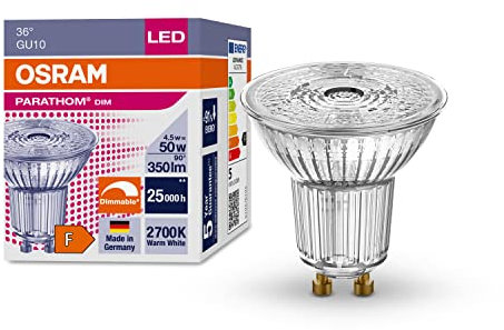 OSRAM Dimmbare LED-Reflektorlampen mit GU10 Sockel | energiesparend, 50W Ersatz, sehr langer Lebensdauer (25.000 H), Abstrahlwinkel 36°, warm weiß | PAR16 50 36 ° 4.5 W/2700 K GU10