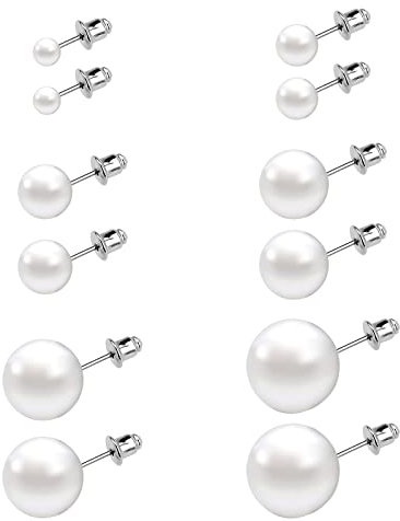 TDDL 6 Paare Ohrstecker Perlen Perlenohrringe Set 4/6/8/10/12/14mm Edelstahl Weiß Imitation Perlen Kugel Elegant Ohrringe (12 Stück)