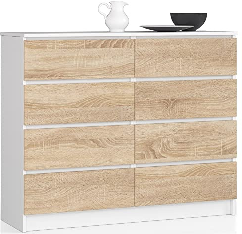 AKORD Kommode K-120 mit 8 (2 x 4) Schubladen | für das Wohnzimmer Schlafzimmer Schrank Büro Arbeitszimmer | Modernes Funktionales Design | B120 x H99 x T40 cm, Gewicht 65 kg | Weiß/Sonoma-Eiche
