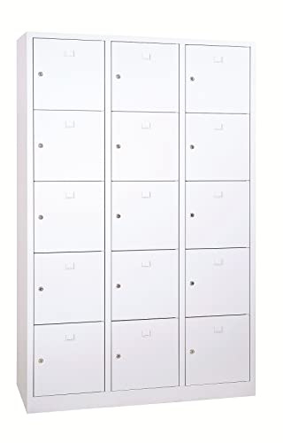 Schrank & Stuhl Schließfachschrank | Fächerschrank mit 15 Abteilen und Zylinderschlössern, 190 x 119 x 45 cm, Lieferung komplett montiert, Grau