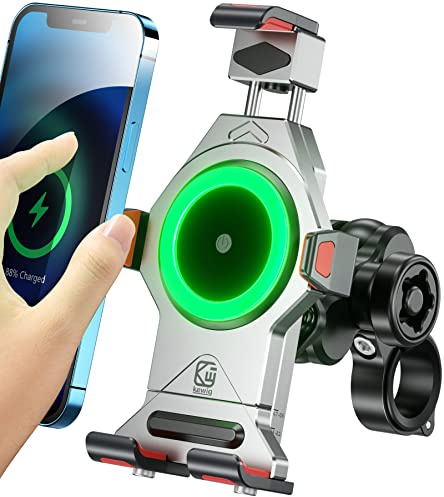 BRCOVAN Aluminiumlegierung Motorrad Handyhalterung mit Qi 15W Wireless Charger & Vibrationsdämpfer, IP66 wasserdicht 360 Drehung Einstellbar Metall Lenker Handy Halterung für 4.7-7.2 Zoll Smartphone