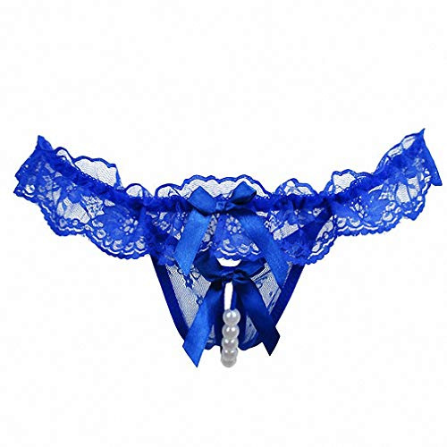 AkovichFarh Women Pearl Lace Bowknot Beads Lace Panties Erotic Thong Lingerie Underwear, Bu, L-XL