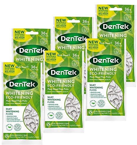 DenTek Eco-Friendly Whitening Floss Picks with Silky and Anti-Bacterial Floss, with Micro Crystals, Helps Whiten Between Teeth, 36 Count x 6 packs (216 Picks)