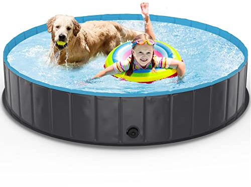 TENXSNUG Piscina para Perros Plegable, Antideslizante Bañera para Mascotas, Portátil Bañera para Niños Natación Piscina para Mascotas Perros, Gris Oscuro, 160 x 30 cm