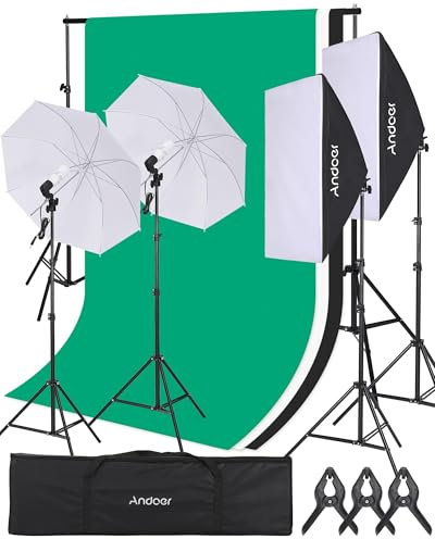 Andoer Softbox Lighting Kit 5500K 45W Light Bulb, Photography Lighting Kit with 50*70cm Softbox, 85cm White Photography Umbrella, 2m Light Stand, 1.6*3m Backdrop, Softbox Kit for Studio Photography
