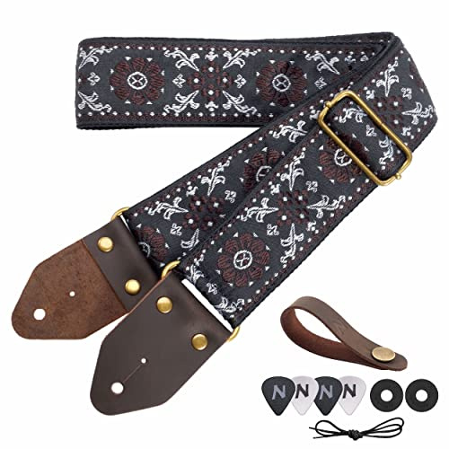 Nefelibata Gitarrengurt, Jacquard-Stickerei Baumwolle Gitarrengurte mit Crazy Horse Leder Enden für Bass, elektrische & akustische, Geschenke für Kinder, Gitarristen