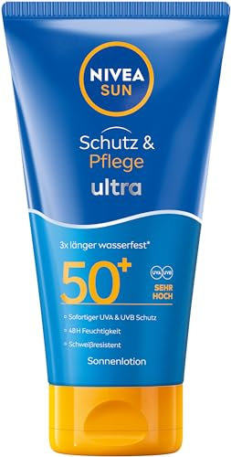 NIVEA SUN Sonnencreme mit LSF 50+, 3x wasserfester sofortiger Sonnenschutz vor UVA/UVB-Strahlen, 48 Std. Feuchtigkeit mit Vitamin E, Schutz & Pflege Ultra Lotion (150 ml)
