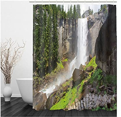 Whoiy Shower Curtains Heavy, Duschrollo Um Die Ecke 150X200cm Polyester Bath Curtains Gebirgswasserfall Grün Braun für Badezimmer Badewanne