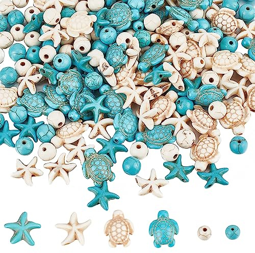 SUNNYCLUE 6 Stränge 180~200 Stück Schildkröten Perlen Schildkröten Charms Seesterne Weiß Blaue Perlen Bulk Synthetik Türkis 8 mm Runde Sommer Ozean Meer Tier Für Die Schmuckherstellung P