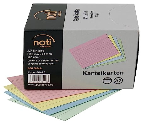 Karteikarten A7, 105 x 74mm liniert, farbig sortiert, 400 Stück in praktischer Spenderbox, für Vokabeln, als Lernkarten, Moderationskarten, Büro und Schule in 180g/m²