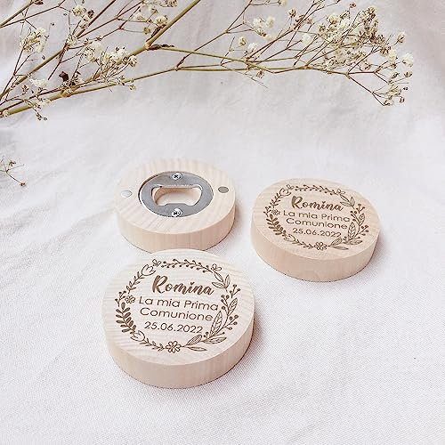 Personalizzato Prima Comunione Bomboniera Apribottiglie Magnete Per Frigorifero In Legno Personalizzato Cerimonia Di Comunione Ricordo, Apribottiglie Rotondo Fiore Floreale Regalo Di Compleanno,cust