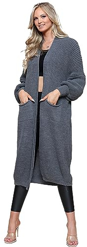 WJL WHISPERING JONES LONDON Ladies Oversized Long Cardigan Balloon Sleeve Chunky Ribbed Open Knitted Maxi Pocket Jumper Sweater, Dark Grey, One Size Fits (8-16)