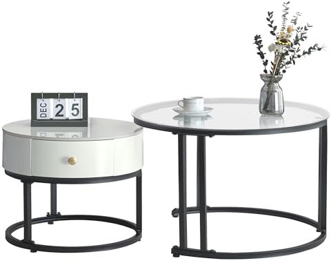 BTM Tables gigognes de Salon, Ensemble élégant de Deux Tables Basses, 2 Table Basse Ronde, Aspect Bois MDF, Cadre en Acier, Verre, PVC