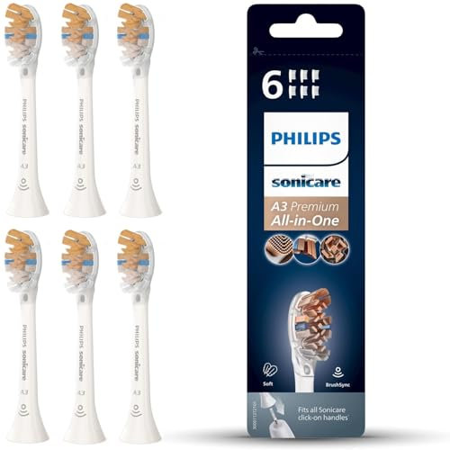 Philips Sonicare A3 Premium tout-en-un d'origine - Tête de brosse à dents électrique de rechange, Blanc, Lot de 6 (modèle HX9096/10)