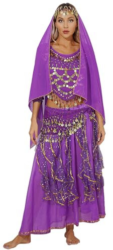 YiZYiF Damen Bauchtanz Kostüm Bauchtanz Rock Oberteil Kopftuch Taillenkette Indische Tanzkleidung Karneval Fasching Kostüm Lila Einheitsgröße