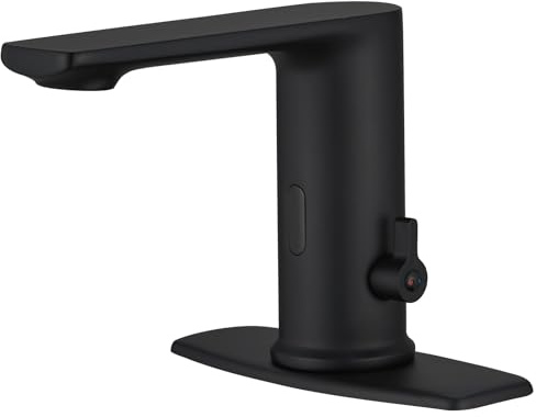 BWE Black Sensor Faucet Touchless Commercial Automatic Motion Hands Free Faucet for Bathroom Kitchen with Control Box and Temperature Mixer Faucet with Deck Plate for 1 Hole or 3 Hole