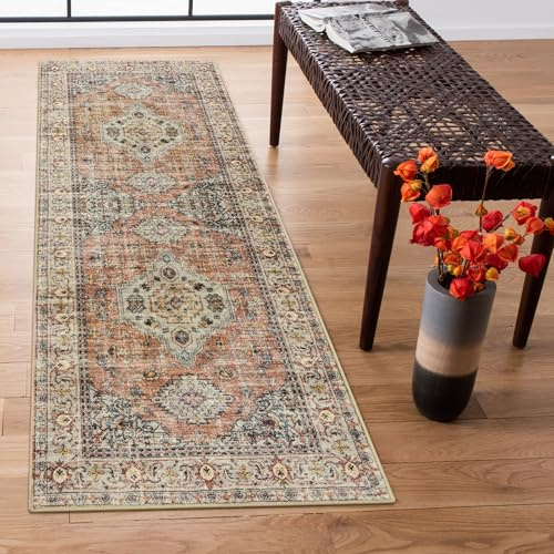 Lahome Oriental Washable Rug Runners for Hallways, 2x5 Kitchen Runner Rug Non Slip with Rubber Backing Ultra-Thin Vintage Carpet for Bedroom Bathroom Eleanor, Peach/Orange
