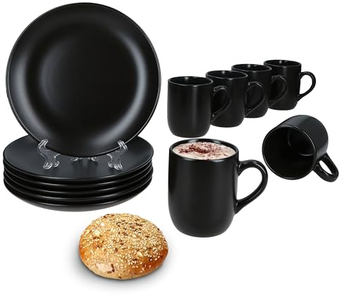 MamboCat Panther 12tlg Frühstücksset schwarz I Je 6X Matte kleine Teller & Kaffeebecher 340ml, Höhe 10,3cm für 6 Personen I Tasse, Kuchenteller I Steingut-Geschirr für Frühstücks- & Kaffeezeit