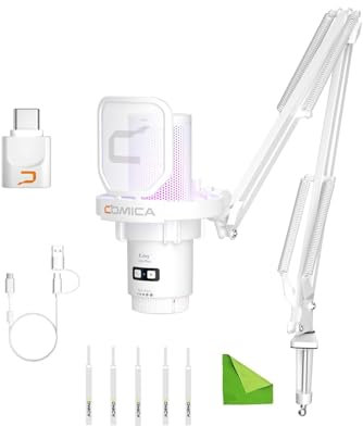 comica Microfono USB Wireless per Computer e Smartphone, Microfono da Gioco a Condensatore Cardioide RGB 48kHz/24bit per Podcasting, Registrazione, con Supporto per Braccio-Bianco (Uni PRO A)
