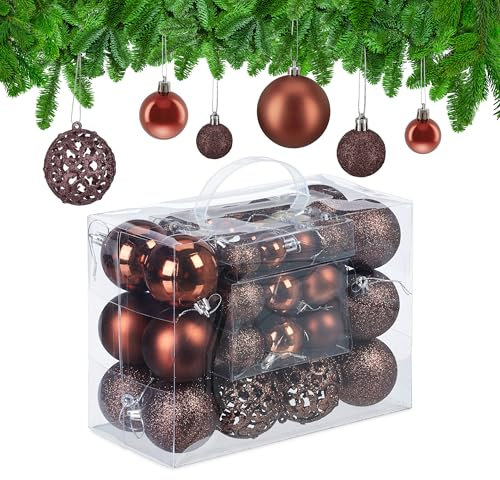Relaxdays Boules de Noël, Lot de 50, Paillettes, Mates, Brillantes, décoration Sapin, Plastique, D : 3, 4 et 6 cm, Brun