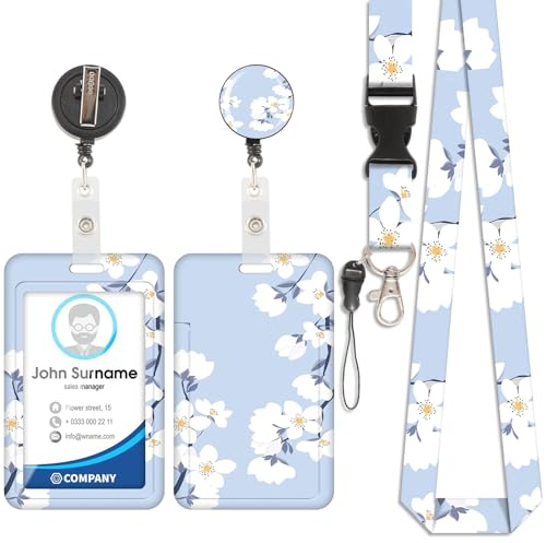 Kartenhalter mit Lanyard mit weißer Blume, ID-Badge, Kartenhalter mit Lanyard, abnehmbares Lanyard mit einziehbarem Clip für Visitenkarten, Eintrittskarten, ID-Karten