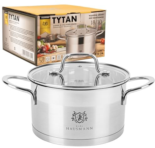 KARL HAUSMANN Pentola Acciaio Inox - 1.9L - 16 cm - Casseruola Induzione con Coperchio Vetro - Pentola Inox 18/10 - Scala Misura - Per Tutti i Fuochi - Pentole Acciaio Inossidabile