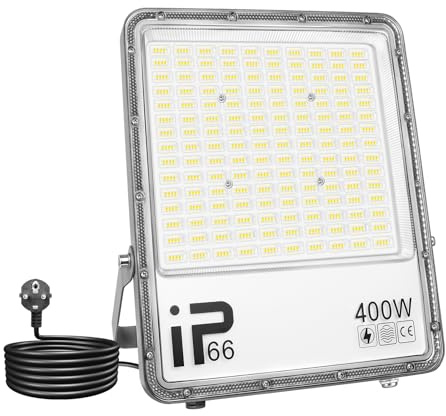 YOJZMA LED Strahler Außen mit Stecker, 400W 40000LM Wandleuchte, 6000K Weiß | IP66 Wasserdichte, Sicherheitsleuchten, Flutlicht für Garten Garage Hof Sportplatz Terrasse Gehweg Veranda