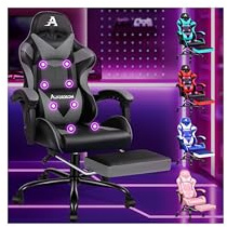 ALFORDSON Silla Gaming Profesional con Masajeador, Silla Ergonómica Gamer, Altura Regulable Silla con Apoyo Lumbar y Reposacabezas, Giratoria de 360°, Respaldo Inclinable hasta 150°, Cuero PU(Gris)